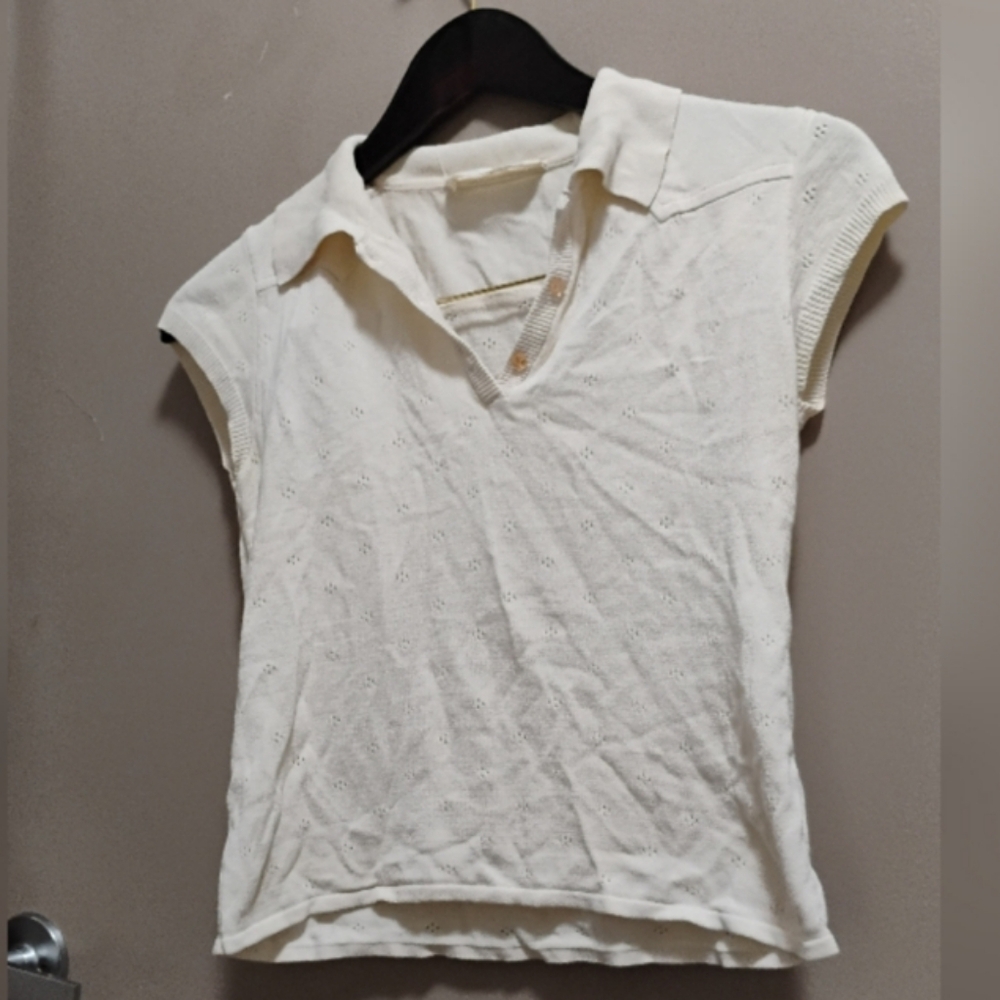 Vintage 1990s 2000s Dorothee Schumacher Pointelle Collared Short Sleeve Top Sz S